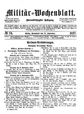 Militär-Wochenblatt Samstag 15. September 1877
