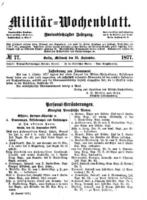 Militär-Wochenblatt Mittwoch 26. September 1877