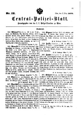 Zentralpolizeiblatt Donnerstag 2. März 1876