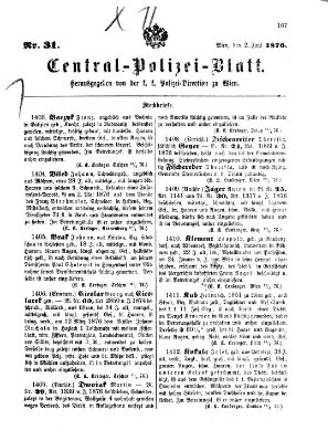 Zentralpolizeiblatt Freitag 2. Juni 1876