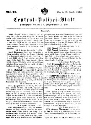 Zentralpolizeiblatt Freitag 10. November 1876