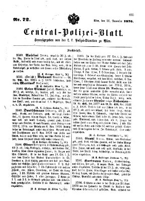 Zentralpolizeiblatt Donnerstag 16. November 1876