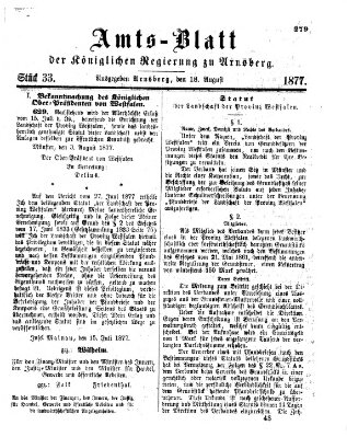 Amtsblatt für den Regierungsbezirk Arnsberg Samstag 18. August 1877