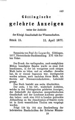 Göttingische gelehrte Anzeigen (Göttingische Zeitungen von gelehrten Sachen) Mittwoch 11. April 1877