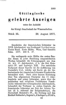 Göttingische gelehrte Anzeigen (Göttingische Zeitungen von gelehrten Sachen) Mittwoch 29. August 1877