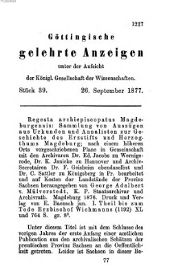 Göttingische gelehrte Anzeigen (Göttingische Zeitungen von gelehrten Sachen) Mittwoch 26. September 1877