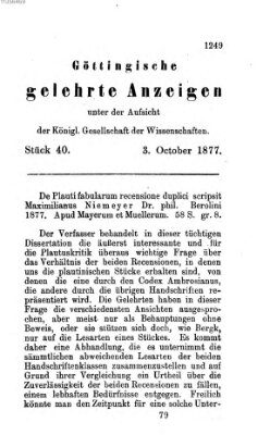 Göttingische gelehrte Anzeigen (Göttingische Zeitungen von gelehrten Sachen) Mittwoch 3. Oktober 1877