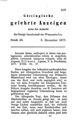 Göttingische gelehrte Anzeigen (Göttingische Zeitungen von gelehrten Sachen) Mittwoch 5. Dezember 1877