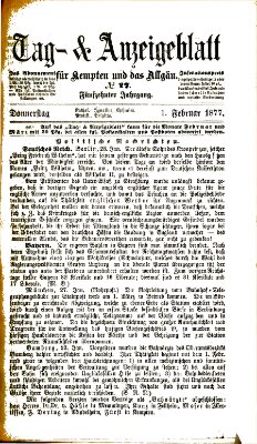 Tag- und Anzeigeblatt für Kempten und das Allgäu Donnerstag 1. Februar 1877