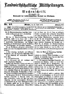 Landwirthschaftliche Mittheilungen Sonntag 28. April 1878