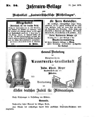 Landwirthschaftliche Mittheilungen Sonntag 30. Juni 1878