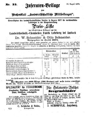 Landwirthschaftliche Mittheilungen Sonntag 18. August 1878