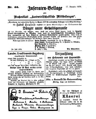 Landwirthschaftliche Mittheilungen Sonntag 17. November 1878