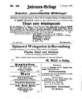 Landwirthschaftliche Mittheilungen Sonntag 8. Dezember 1878