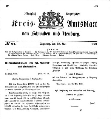 Königlich Bayerisches Kreis-Amtsblatt von Schwaben und Neuburg Samstag 18. Mai 1878