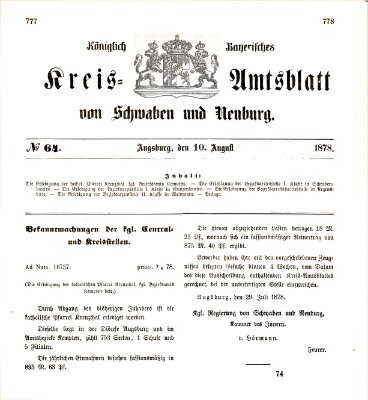 Königlich Bayerisches Kreis-Amtsblatt von Schwaben und Neuburg Samstag 10. August 1878