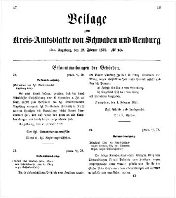 Königlich Bayerisches Kreis-Amtsblatt von Schwaben und Neuburg. Beilage zum Kreis-Amtsblatte von Schwaben und Neuburg (Königlich Bayerisches Kreis-Amtsblatt von Schwaben und Neuburg) Dienstag 12. Februar 1878