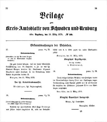 Königlich Bayerisches Kreis-Amtsblatt von Schwaben und Neuburg. Beilage zum Kreis-Amtsblatte von Schwaben und Neuburg (Königlich Bayerisches Kreis-Amtsblatt von Schwaben und Neuburg) Montag 18. März 1878