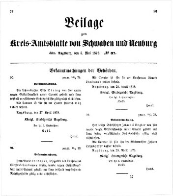 Königlich Bayerisches Kreis-Amtsblatt von Schwaben und Neuburg. Beilage zum Kreis-Amtsblatte von Schwaben und Neuburg (Königlich Bayerisches Kreis-Amtsblatt von Schwaben und Neuburg) Freitag 3. Mai 1878