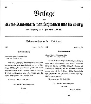 Königlich Bayerisches Kreis-Amtsblatt von Schwaben und Neuburg. Beilage zum Kreis-Amtsblatte von Schwaben und Neuburg (Königlich Bayerisches Kreis-Amtsblatt von Schwaben und Neuburg) Dienstag 4. Juni 1878