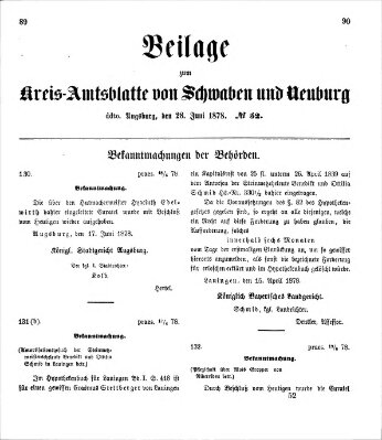 Königlich Bayerisches Kreis-Amtsblatt von Schwaben und Neuburg. Beilage zum Kreis-Amtsblatte von Schwaben und Neuburg (Königlich Bayerisches Kreis-Amtsblatt von Schwaben und Neuburg) Freitag 28. Juni 1878