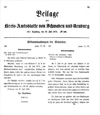 Königlich Bayerisches Kreis-Amtsblatt von Schwaben und Neuburg. Beilage zum Kreis-Amtsblatte von Schwaben und Neuburg (Königlich Bayerisches Kreis-Amtsblatt von Schwaben und Neuburg) Freitag 19. Juli 1878