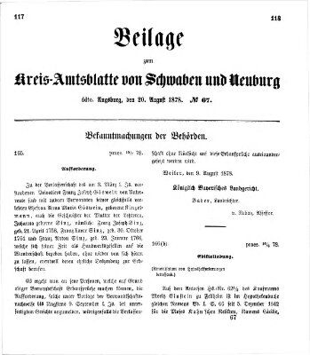 Königlich Bayerisches Kreis-Amtsblatt von Schwaben und Neuburg. Beilage zum Kreis-Amtsblatte von Schwaben und Neuburg (Königlich Bayerisches Kreis-Amtsblatt von Schwaben und Neuburg) Dienstag 20. August 1878