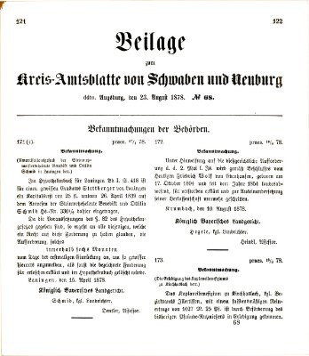 Königlich Bayerisches Kreis-Amtsblatt von Schwaben und Neuburg. Beilage zum Kreis-Amtsblatte von Schwaben und Neuburg (Königlich Bayerisches Kreis-Amtsblatt von Schwaben und Neuburg) Freitag 23. August 1878