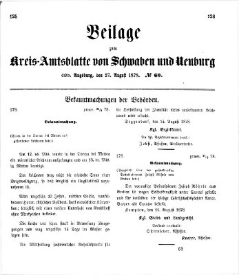 Königlich Bayerisches Kreis-Amtsblatt von Schwaben und Neuburg. Beilage zum Kreis-Amtsblatte von Schwaben und Neuburg (Königlich Bayerisches Kreis-Amtsblatt von Schwaben und Neuburg) Dienstag 27. August 1878