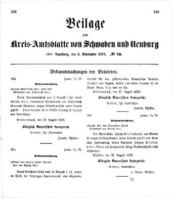 Königlich Bayerisches Kreis-Amtsblatt von Schwaben und Neuburg. Beilage zum Kreis-Amtsblatte von Schwaben und Neuburg (Königlich Bayerisches Kreis-Amtsblatt von Schwaben und Neuburg) Freitag 6. September 1878