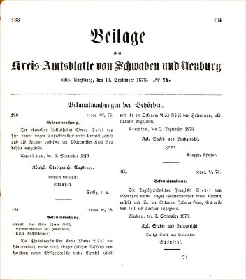 Königlich Bayerisches Kreis-Amtsblatt von Schwaben und Neuburg. Beilage zum Kreis-Amtsblatte von Schwaben und Neuburg (Königlich Bayerisches Kreis-Amtsblatt von Schwaben und Neuburg) Freitag 13. September 1878