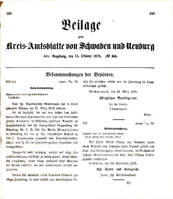 Königlich Bayerisches Kreis-Amtsblatt von Schwaben und Neuburg. Beilage zum Kreis-Amtsblatte von Schwaben und Neuburg (Königlich Bayerisches Kreis-Amtsblatt von Schwaben und Neuburg) Dienstag 15. Oktober 1878