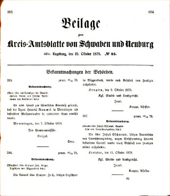 Königlich Bayerisches Kreis-Amtsblatt von Schwaben und Neuburg. Beilage zum Kreis-Amtsblatte von Schwaben und Neuburg (Königlich Bayerisches Kreis-Amtsblatt von Schwaben und Neuburg) Dienstag 22. Oktober 1878