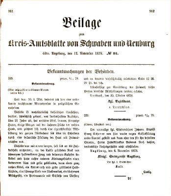 Königlich Bayerisches Kreis-Amtsblatt von Schwaben und Neuburg. Beilage zum Kreis-Amtsblatte von Schwaben und Neuburg (Königlich Bayerisches Kreis-Amtsblatt von Schwaben und Neuburg) Dienstag 12. November 1878