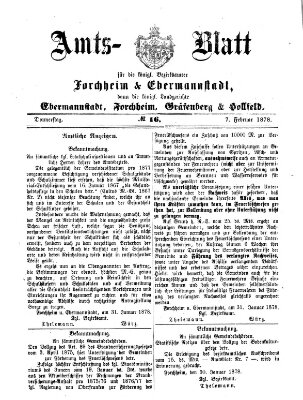 Amtsblatt für die Königlichen Bezirksämter Forchheim und Ebermannstadt sowie für die Königliche Stadt Forchheim Donnerstag 7. Februar 1878