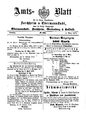 Amtsblatt für die Königlichen Bezirksämter Forchheim und Ebermannstadt sowie für die Königliche Stadt Forchheim Samstag 2. März 1878