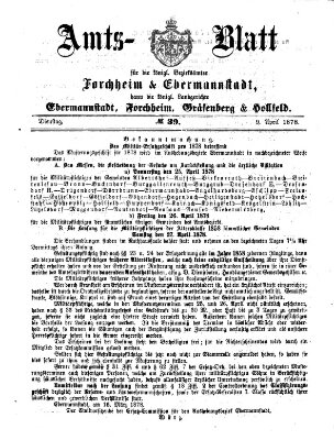 Amtsblatt für die Königlichen Bezirksämter Forchheim und Ebermannstadt sowie für die Königliche Stadt Forchheim Dienstag 9. April 1878