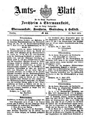 Amtsblatt für die Königlichen Bezirksämter Forchheim und Ebermannstadt sowie für die Königliche Stadt Forchheim Samstag 13. April 1878