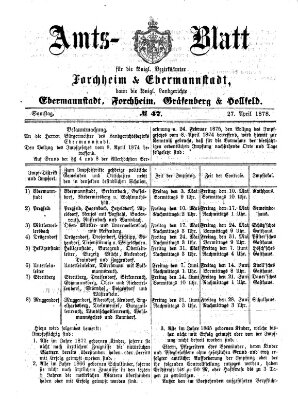 Amtsblatt für die Königlichen Bezirksämter Forchheim und Ebermannstadt sowie für die Königliche Stadt Forchheim Samstag 27. April 1878