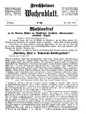 Amtsblatt für die Königlichen Bezirksämter Forchheim und Ebermannstadt sowie für die Königliche Stadt Forchheim Dienstag 23. Juli 1878