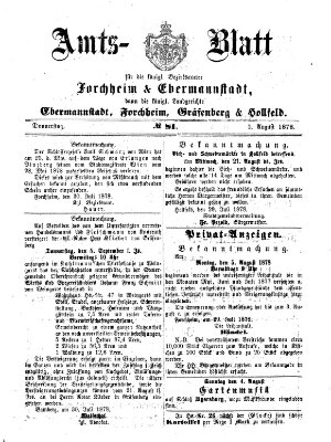 Amtsblatt für die Königlichen Bezirksämter Forchheim und Ebermannstadt sowie für die Königliche Stadt Forchheim Donnerstag 1. August 1878