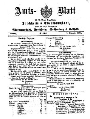 Amtsblatt für die Königlichen Bezirksämter Forchheim und Ebermannstadt sowie für die Königliche Stadt Forchheim Samstag 2. November 1878