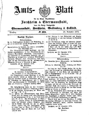 Amtsblatt für die Königlichen Bezirksämter Forchheim und Ebermannstadt sowie für die Königliche Stadt Forchheim Dienstag 26. November 1878