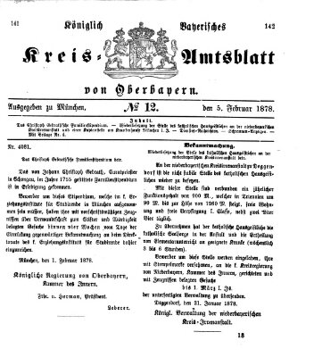 Königlich-bayerisches Kreis-Amtsblatt von Oberbayern (Münchner Intelligenzblatt) Dienstag 5. Februar 1878