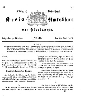 Königlich-bayerisches Kreis-Amtsblatt von Oberbayern (Münchner Intelligenzblatt) Mittwoch 24. April 1878