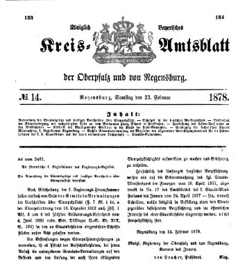 Königlich-bayerisches Kreis-Amtsblatt der Oberpfalz und von Regensburg (Königlich bayerisches Intelligenzblatt für die Oberpfalz und von Regensburg) Samstag 23. Februar 1878