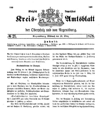 Königlich-bayerisches Kreis-Amtsblatt der Oberpfalz und von Regensburg (Königlich bayerisches Intelligenzblatt für die Oberpfalz und von Regensburg) Mittwoch 20. März 1878