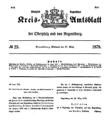 Königlich-bayerisches Kreis-Amtsblatt der Oberpfalz und von Regensburg (Königlich bayerisches Intelligenzblatt für die Oberpfalz und von Regensburg) Mittwoch 27. März 1878