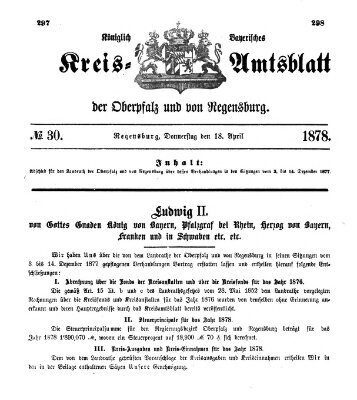 Königlich-bayerisches Kreis-Amtsblatt der Oberpfalz und von Regensburg (Königlich bayerisches Intelligenzblatt für die Oberpfalz und von Regensburg) Donnerstag 18. April 1878