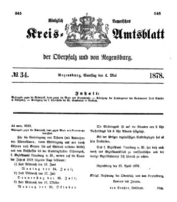 Königlich-bayerisches Kreis-Amtsblatt der Oberpfalz und von Regensburg (Königlich bayerisches Intelligenzblatt für die Oberpfalz und von Regensburg) Samstag 4. Mai 1878